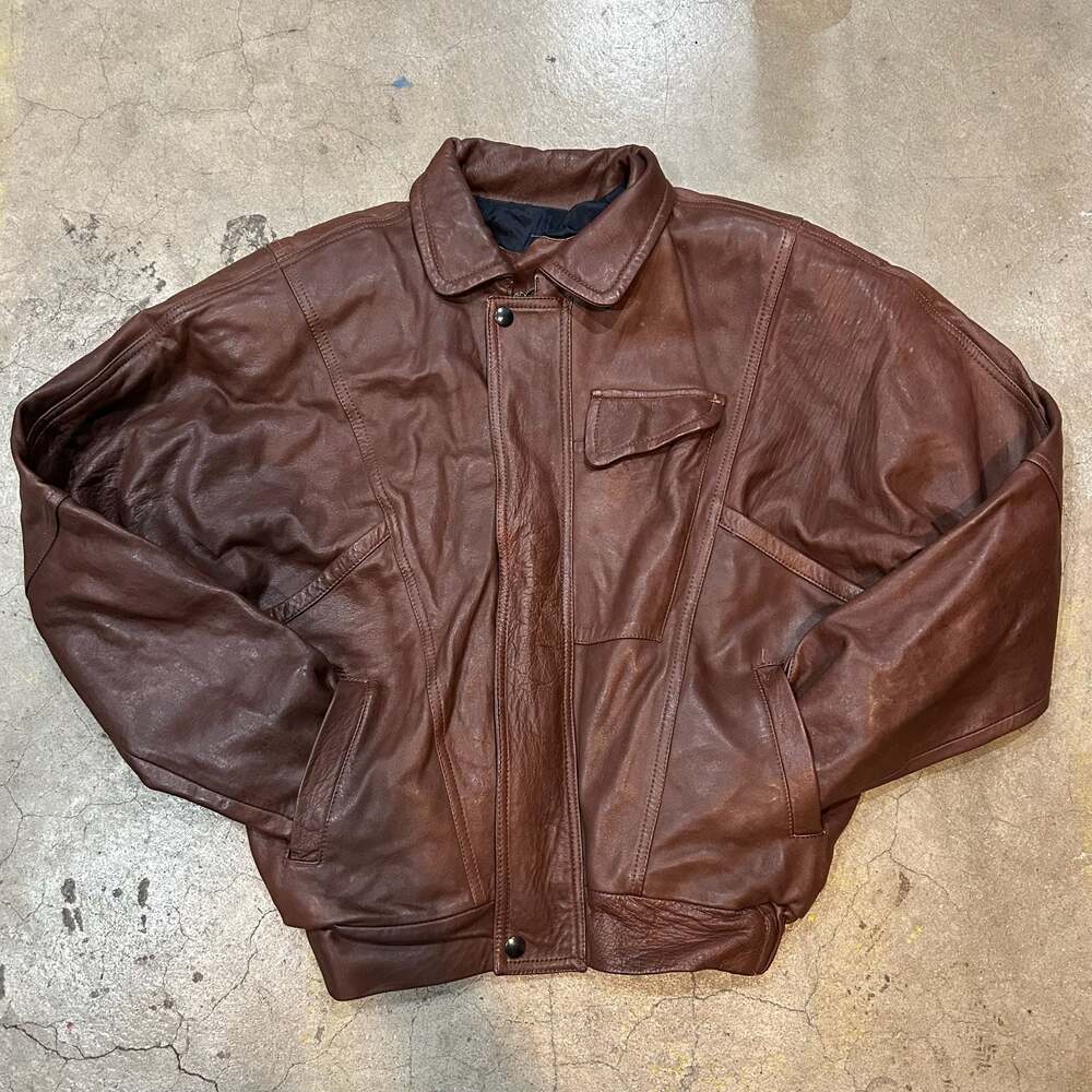 Vintage Winlit Brown Leather Bomber Jacket with Elastic Waist
